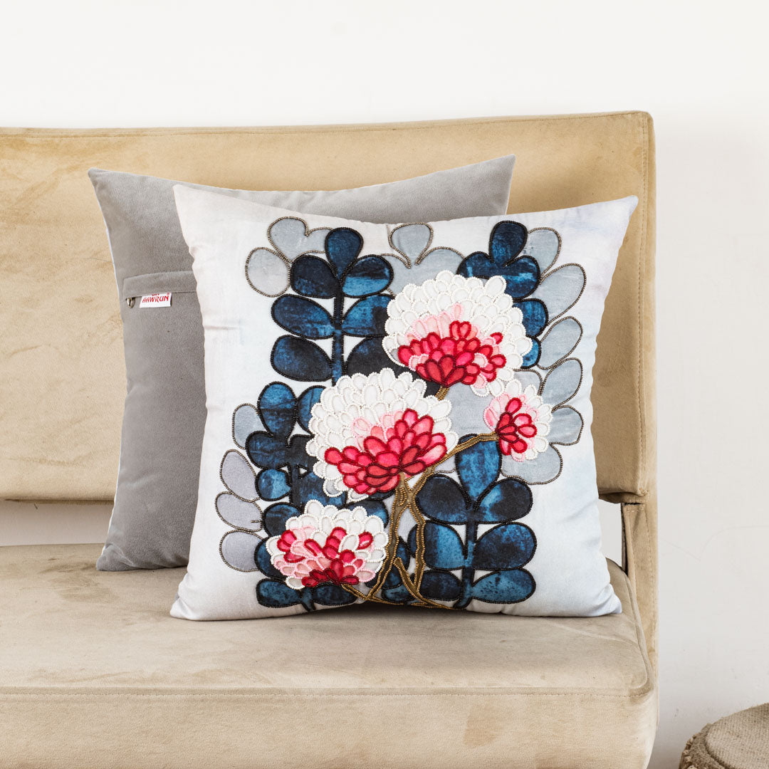 Floral Embroidered Velvet Cushion Cover 16x16" - Grey Blue