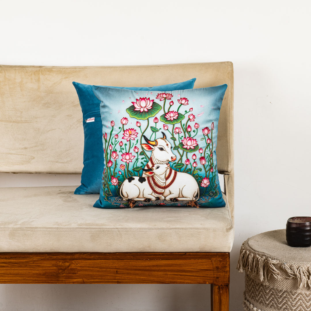 Hath Ki Kala Cow &amp; Lotus Velvet Cushion Cover 16x16" - Blue