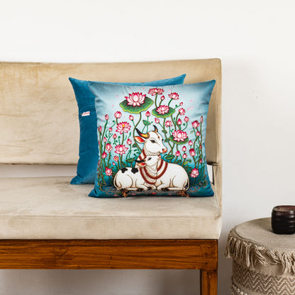 Hath Ki Kala Cow &amp; Lotus Velvet Cushion Cover 16x16" - Blue