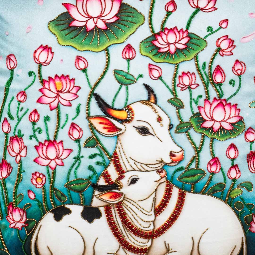 Hath Ki Kala Cow &amp; Lotus Velvet Cushion Cover 16x16" - Blue