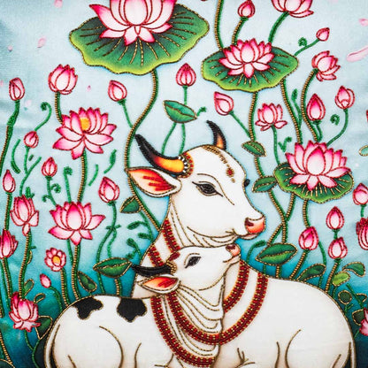 Hath Ki Kala Cow &amp; Lotus Velvet Cushion Cover 16x16" - Blue