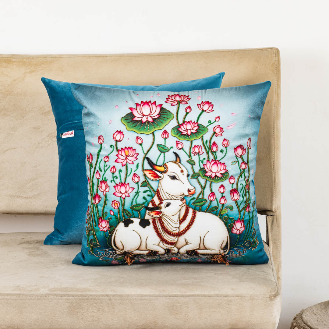 Hath Ki Kala Cow &amp; Lotus Velvet Cushion Cover 16x16" - Blue