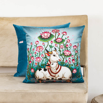 Hath Ki Kala Cow &amp; Lotus Velvet Cushion Cover 16x16" - Blue