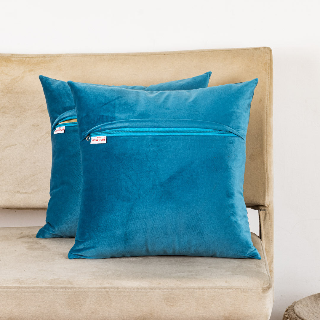Hath Ki Kala Cow &amp; Lotus Velvet Cushion Cover 16x16" - Blue