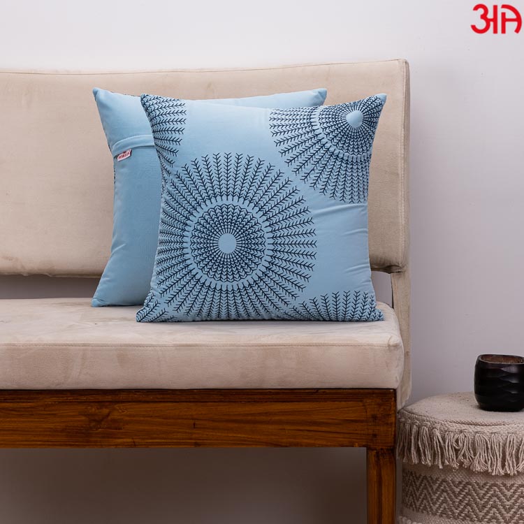 Decorative Printed Cushion Cover – 16 x 16 Inch-Blue &amp; Navy Polyester Velvet Fabric