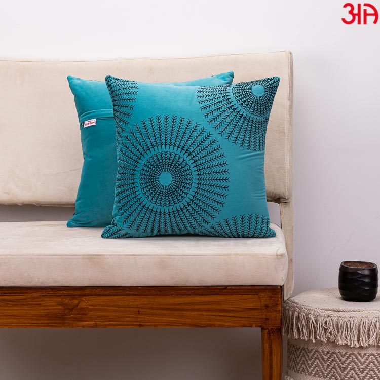 Decorative Printed Cushion Cover – 16 x 16 Inch-Aqua &amp; Black Pattern Design