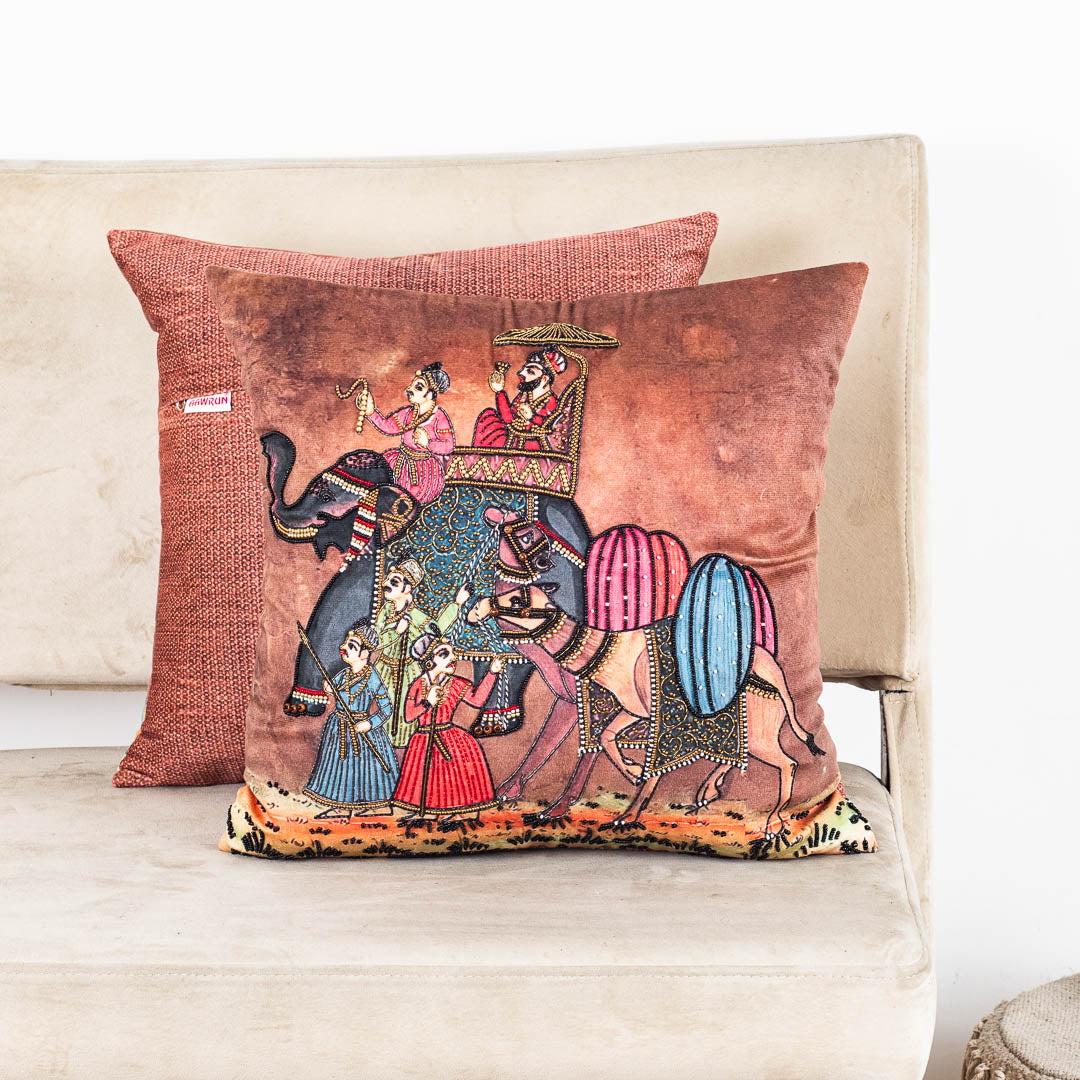 Vintage Royal Procession Cushion Cover with Intricate Embroidery