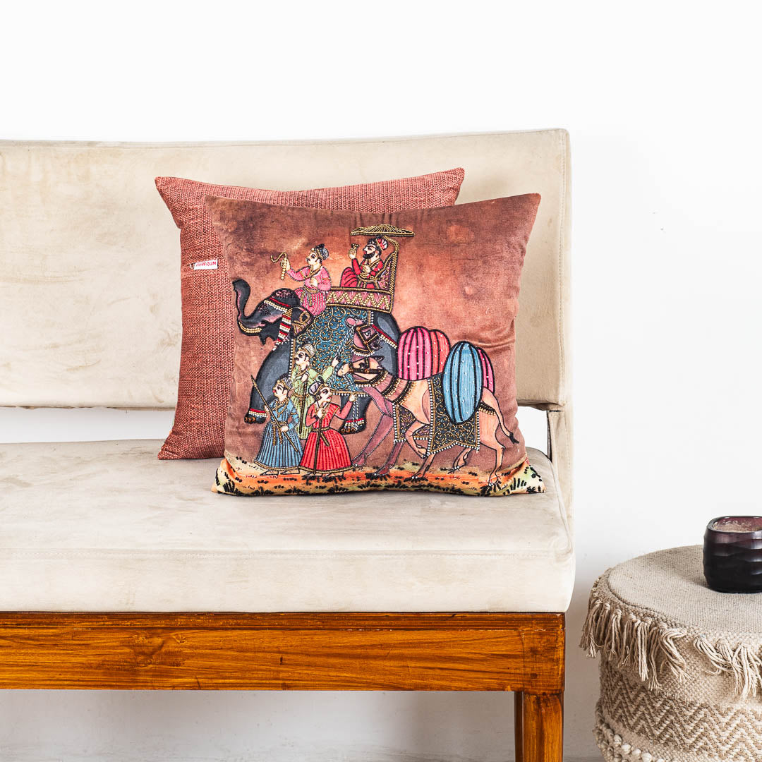 Vintage Royal Procession Cushion Cover with Intricate Embroidery