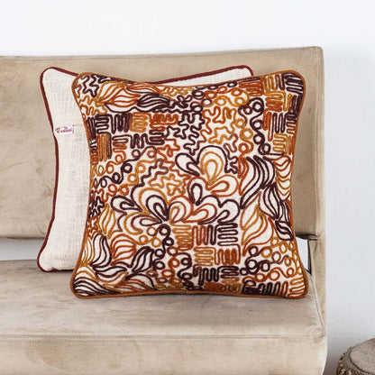 The Heritage Collection Abstract Embroidered Slub Cotton Cushion Cover 16x16" - Beige Brown