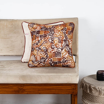 The Heritage Collection Abstract Embroidered Slub Cotton Cushion Cover 16x16" - Beige Brown