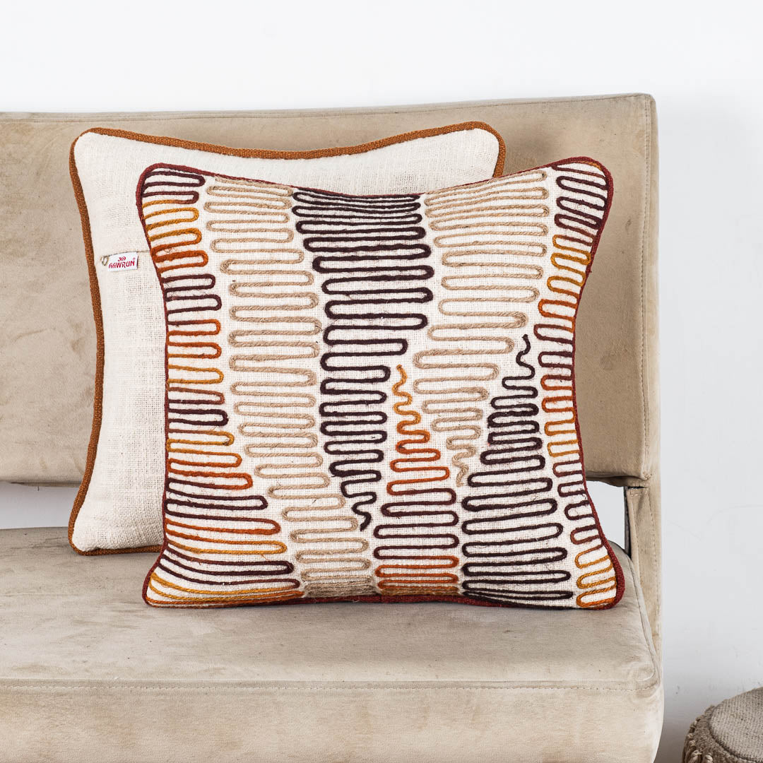 Geometric Embroidered Slub Cotton Cushion Cover 16x16" - Beige Brown