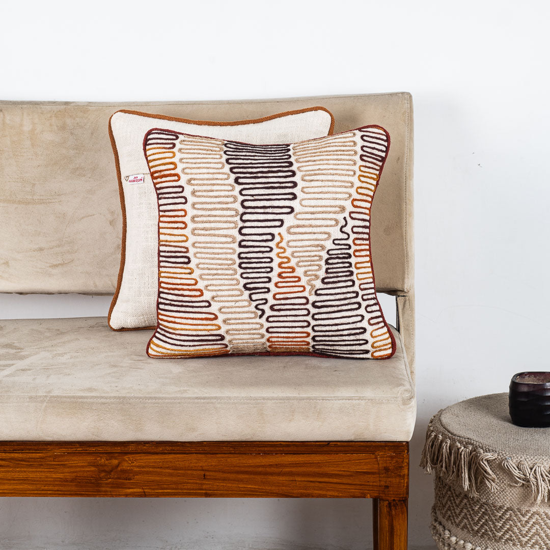 Geometric Embroidered Slub Cotton Cushion Cover 16x16" - Beige Brown