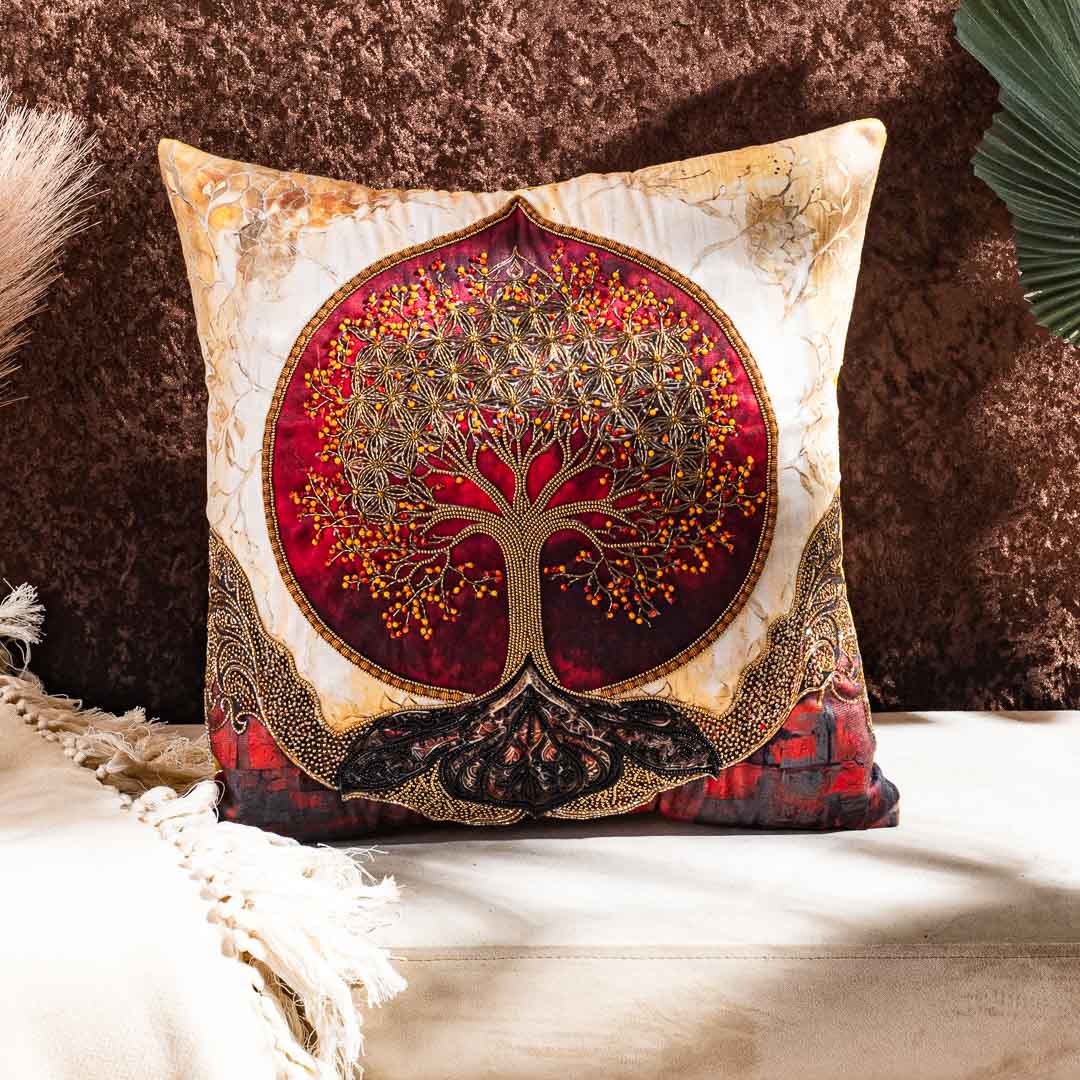 Tree of Life Velvet Cushion Cover 16x16" - Yellow Maroon