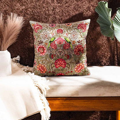 Botanical Bird Embroidered Cushion Cover – Luxury Home Décor