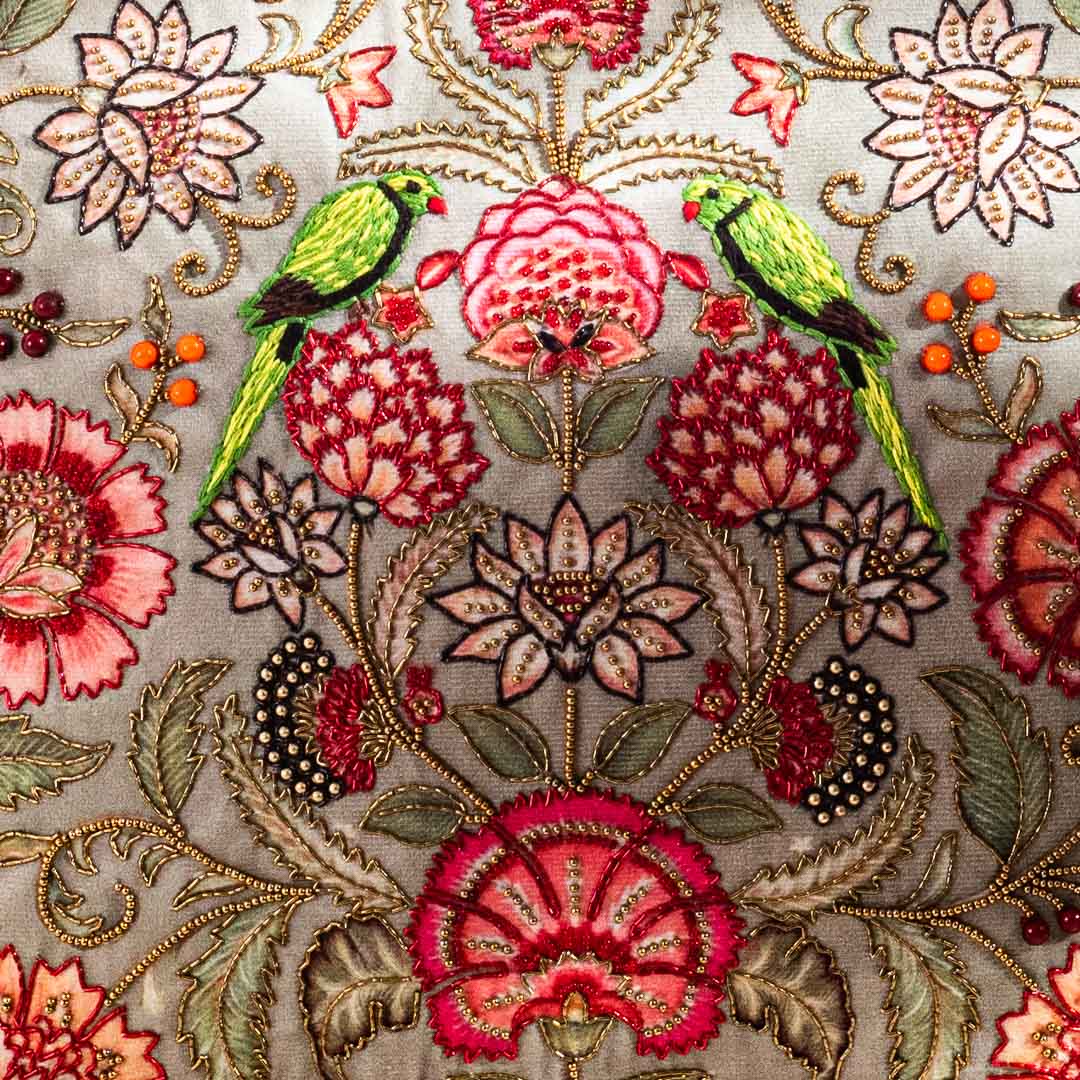 Botanical Bird Embroidered Cushion Cover – Luxury Home Décor