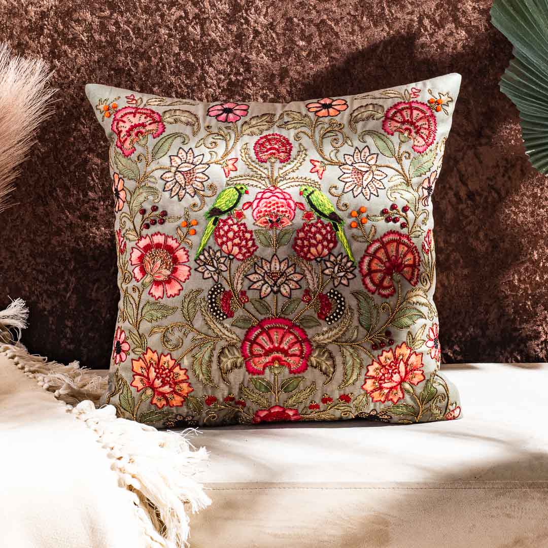 Botanical Bird Embroidered Cushion Cover – Luxury Home Décor