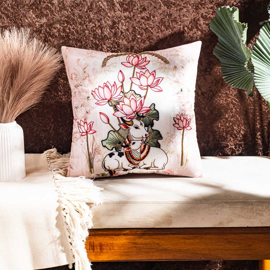 Lotus Flower Embroidered Cushion Cover with Sacred Cow Motif