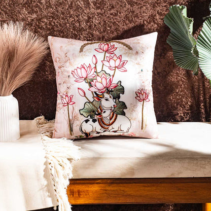 Lotus Flower Embroidered Cushion Cover with Sacred Cow Motif