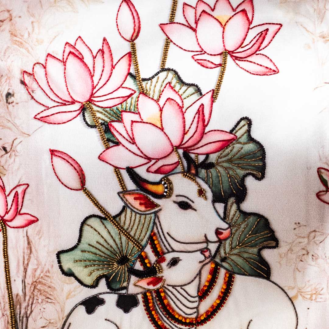Lotus Flower Embroidered Cushion Cover with Sacred Cow Motif
