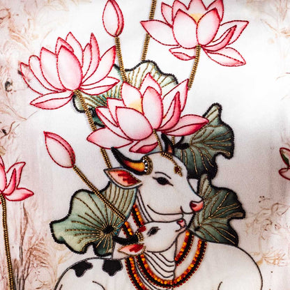 Lotus Flower Embroidered Cushion Cover with Sacred Cow Motif