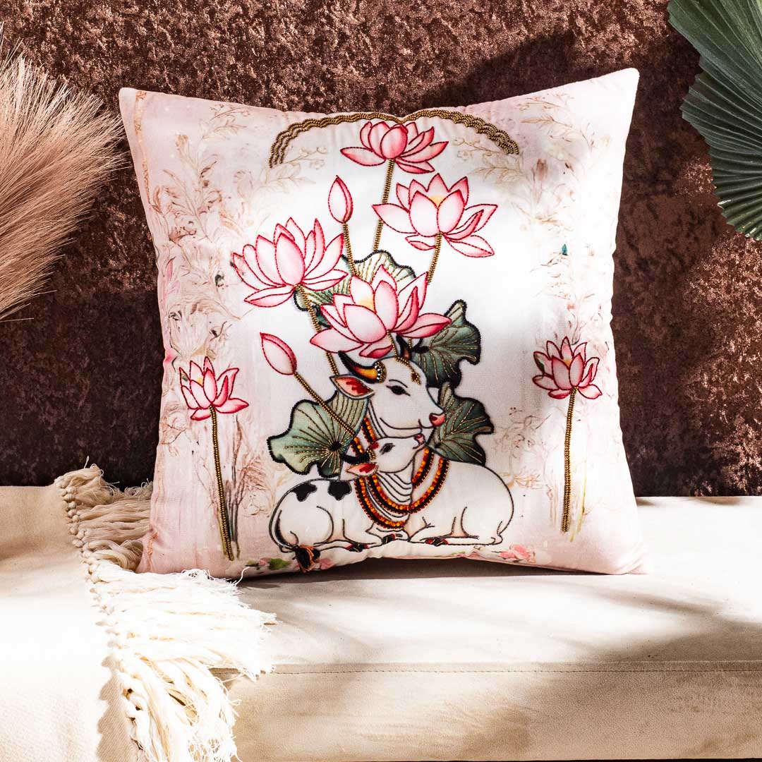 Lotus Flower Embroidered Cushion Cover with Sacred Cow Motif