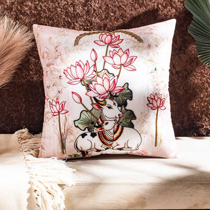 Lotus Flower Embroidered Cushion Cover with Sacred Cow Motif