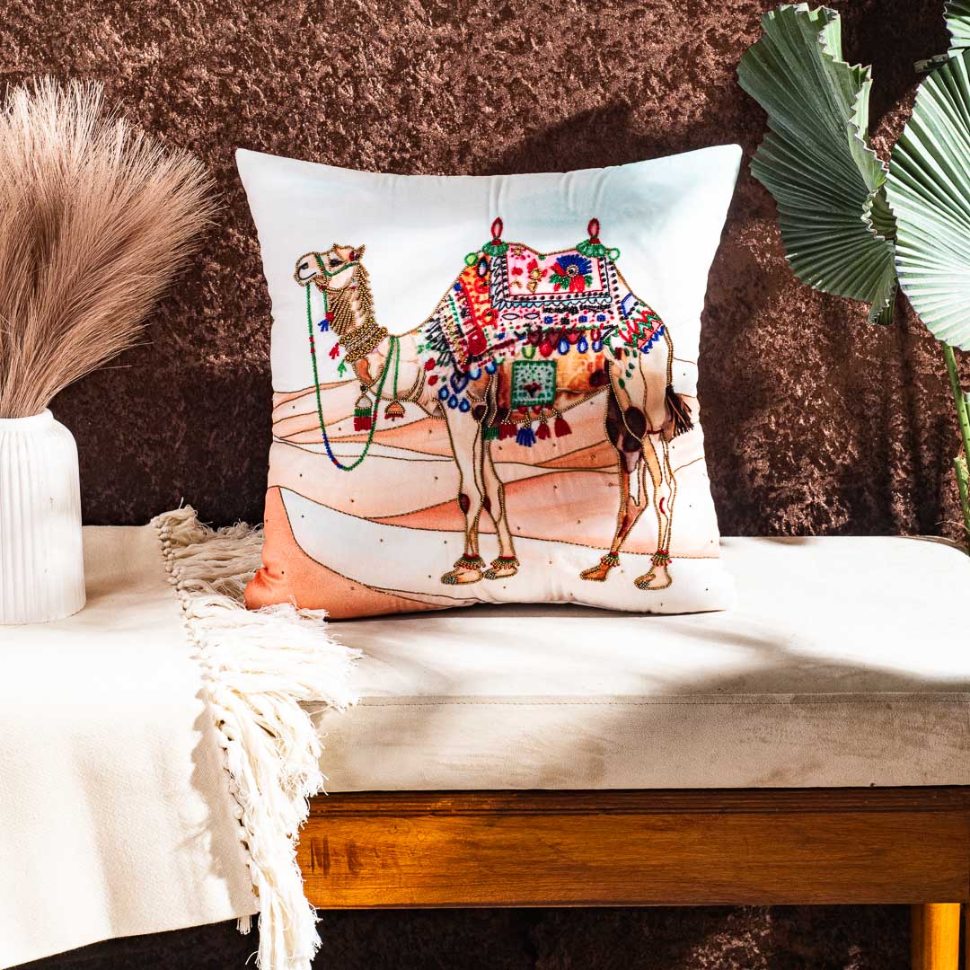 Handmade Camel Motif Cushion Cover – Decorative Home Accent