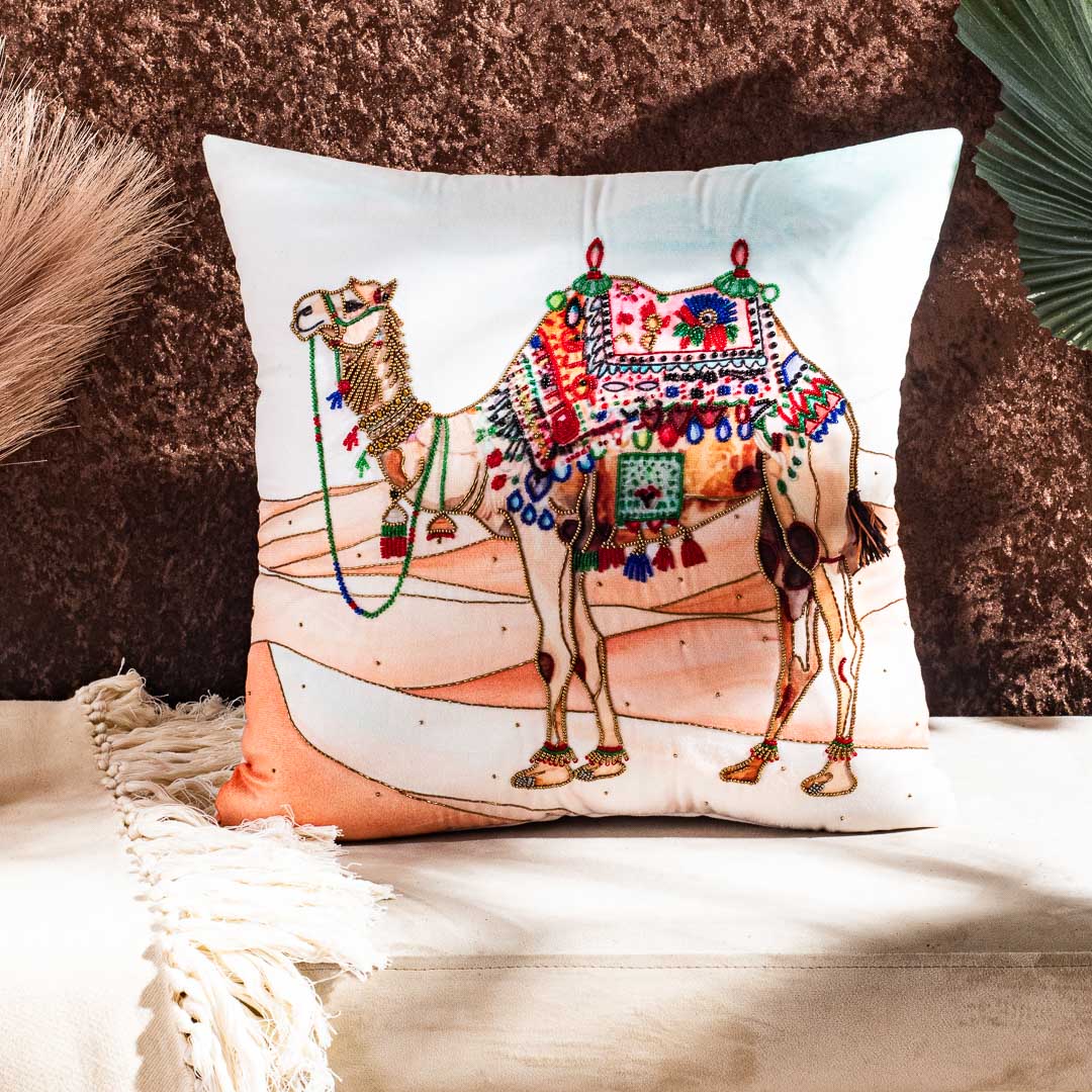 Handmade Camel Motif Cushion Cover – Decorative Home Accent