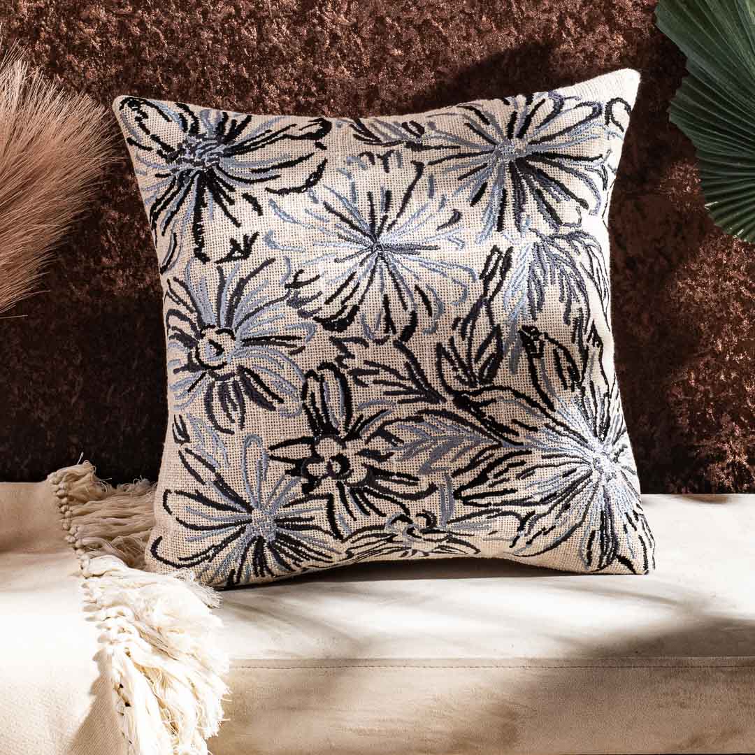 Floral Embroidered Slub Cotton Cushion Cover 16x16" - Grey Black