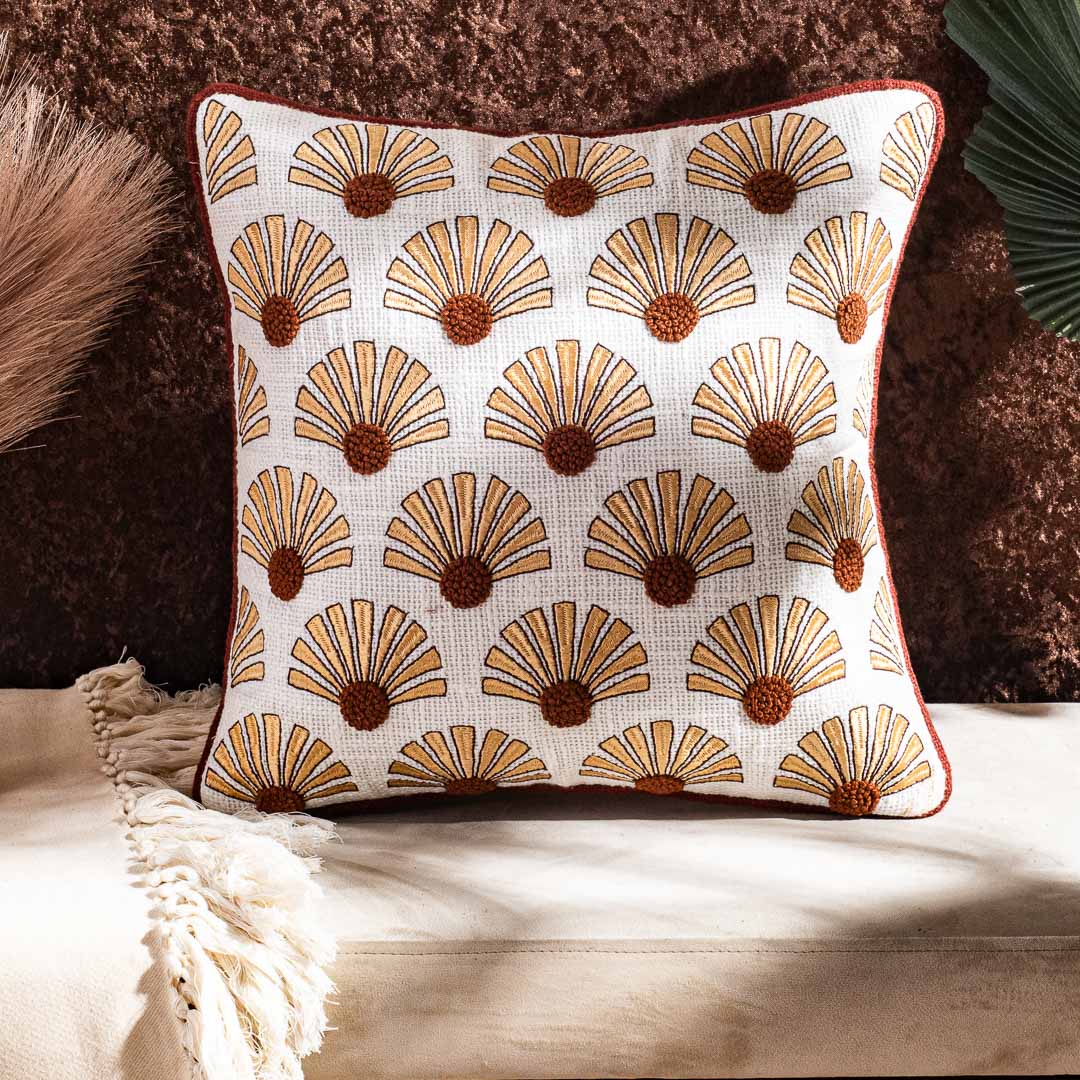 Textured Fan Pattern Embroidered Cushion Cover – Contemporary Style