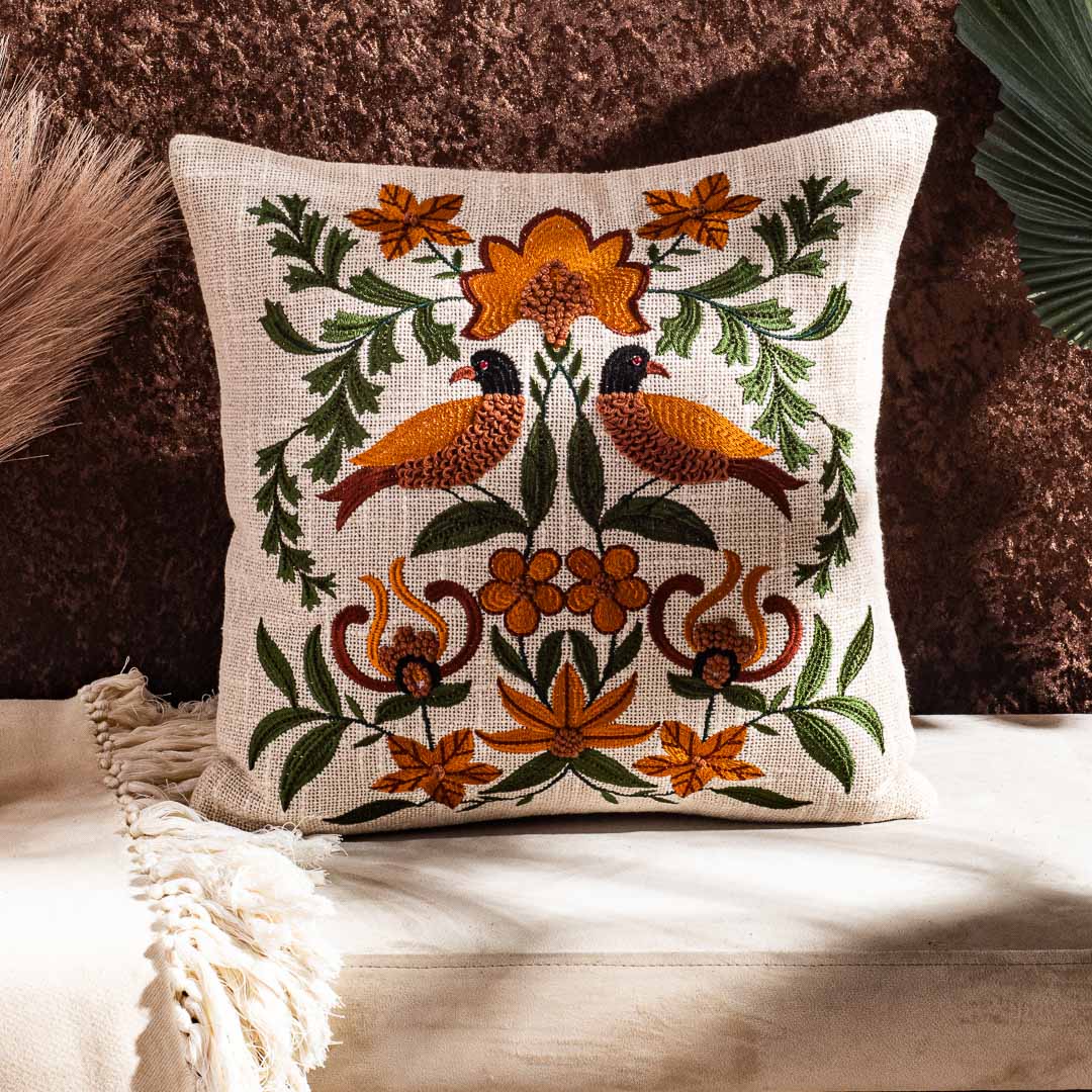 The Heritage Collection Floral Bird Embroidered Slub Cotton Cushion Cover 16x16" - Multi