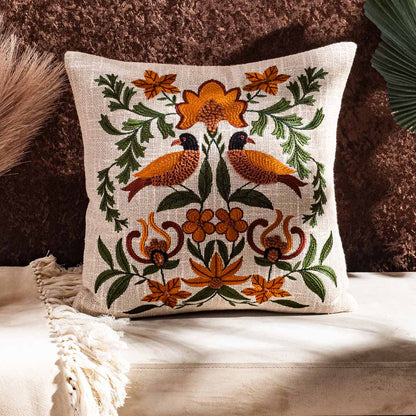 The Heritage Collection Floral Bird Embroidered Slub Cotton Cushion Cover 16x16" - Multi