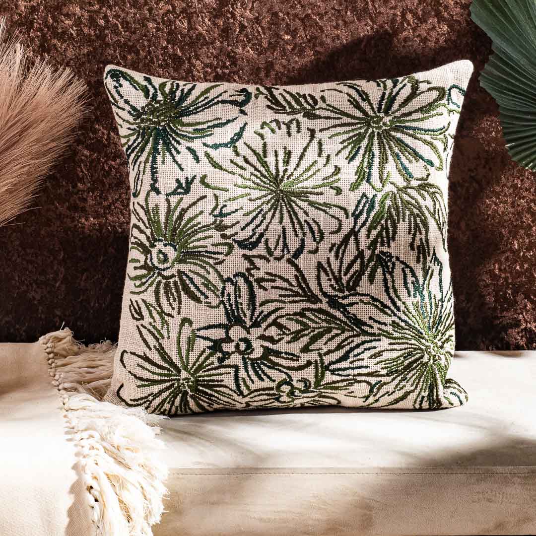 Floral Embroidered Slub Cotton Cushion Cover 16x16" - Light Dark Green