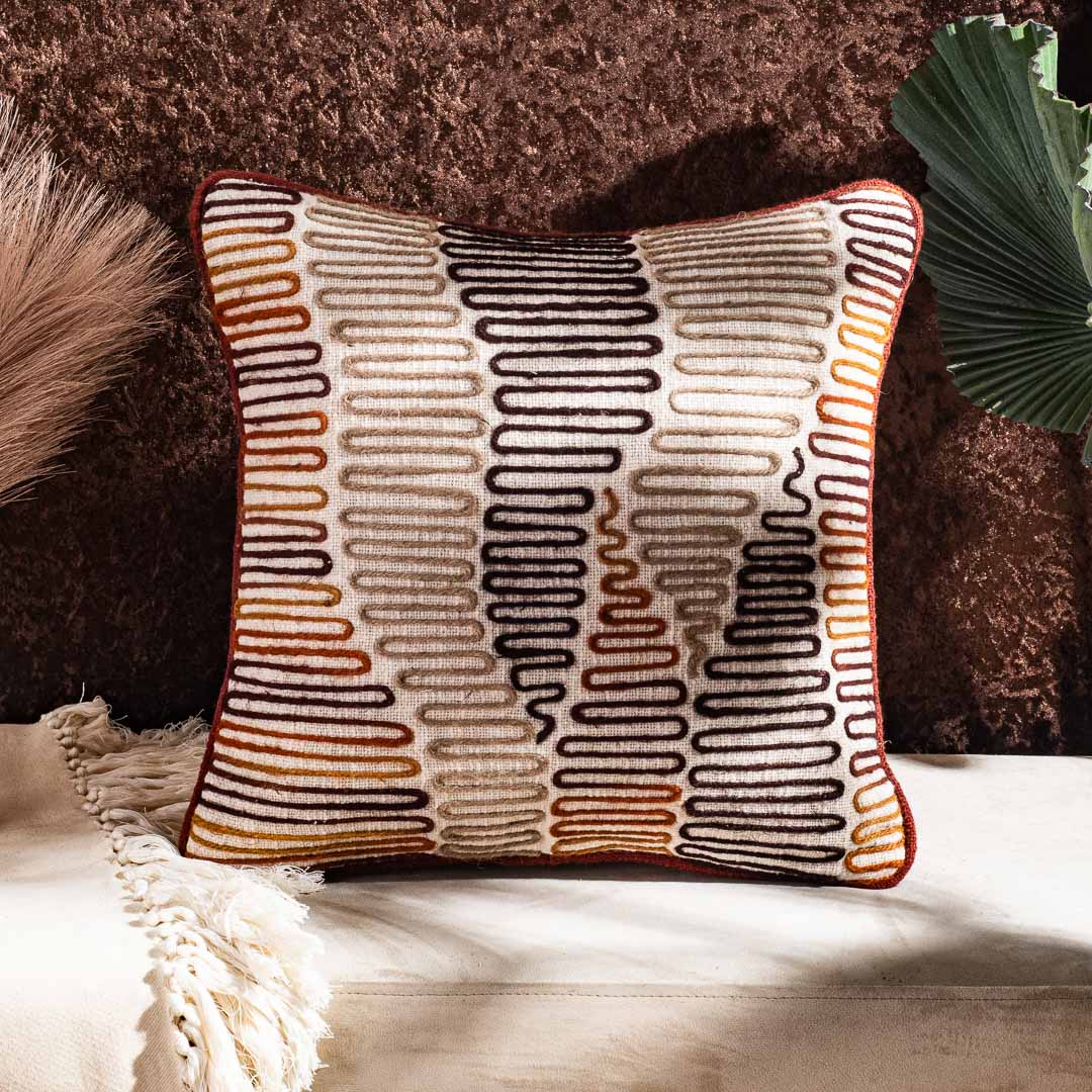 The Heritage Collection Geometric Embroidered Slub Cotton Cushion Cover 16x16" - Beige Brown