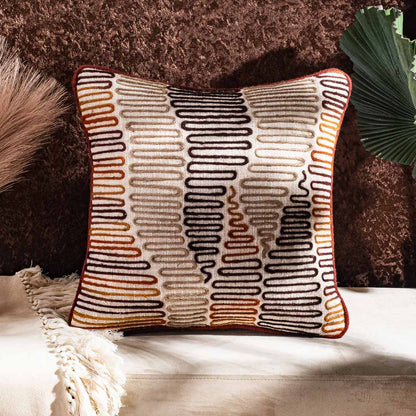 The Heritage Collection Geometric Embroidered Slub Cotton Cushion Cover 16x16" - Beige Brown