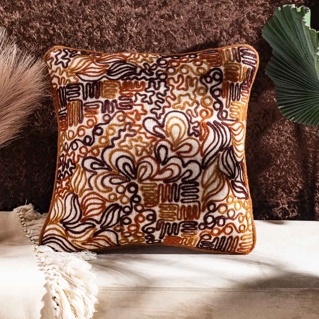 The Heritage Collection Abstract Embroidered Slub Cotton Cushion Cover 16x16" - Beige Brown