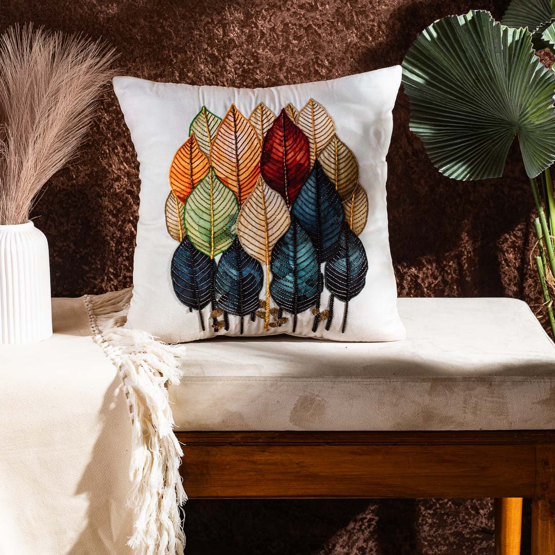 Leaf Embroidered Velvet Cushion Cover 16x16" - Multi