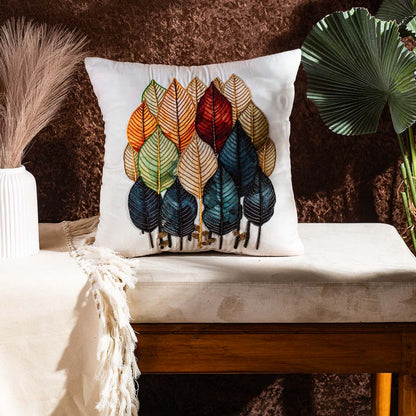 Hath Ki Kala Leaf Embroidered Velvet Cushion Cover 16x16" - Multi