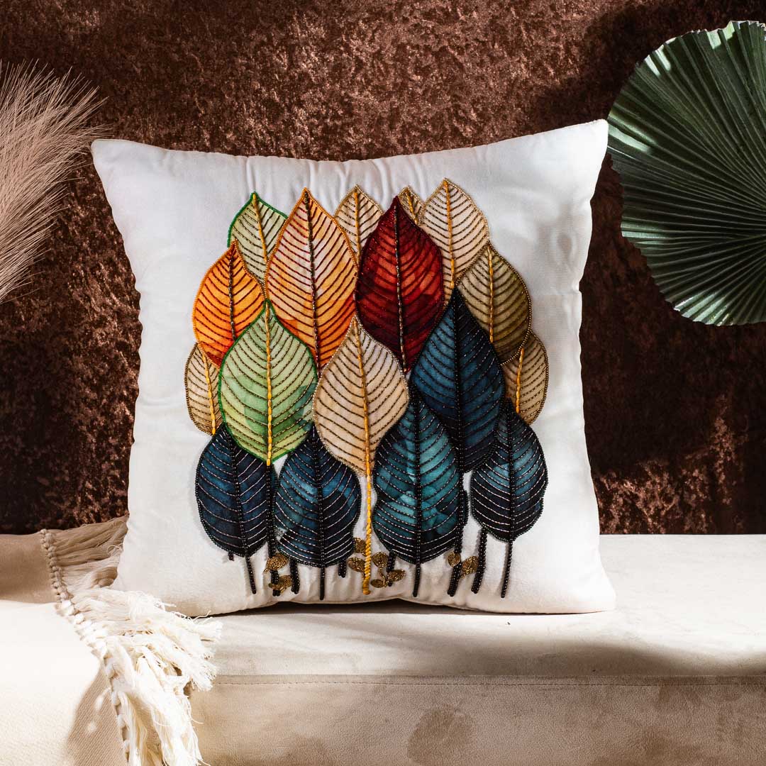 Leaf Embroidered Velvet Cushion Cover 16x16" - Multi