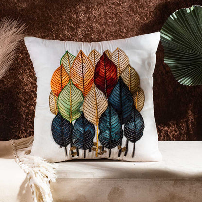 Hath Ki Kala Leaf Embroidered Velvet Cushion Cover 16x16" - Multi