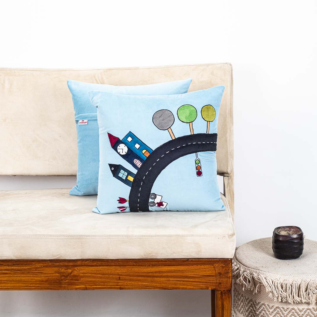 Premium Blue City Curve Cushion Cover