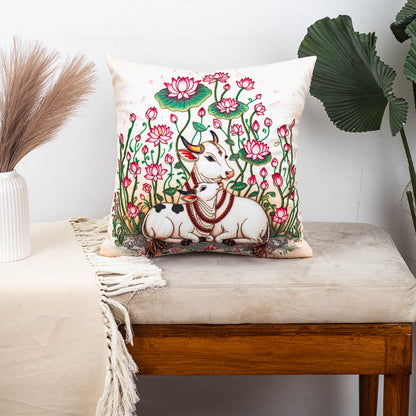 Cow &amp; Lotus Velvet Cushion Cover 16x16" - Blue