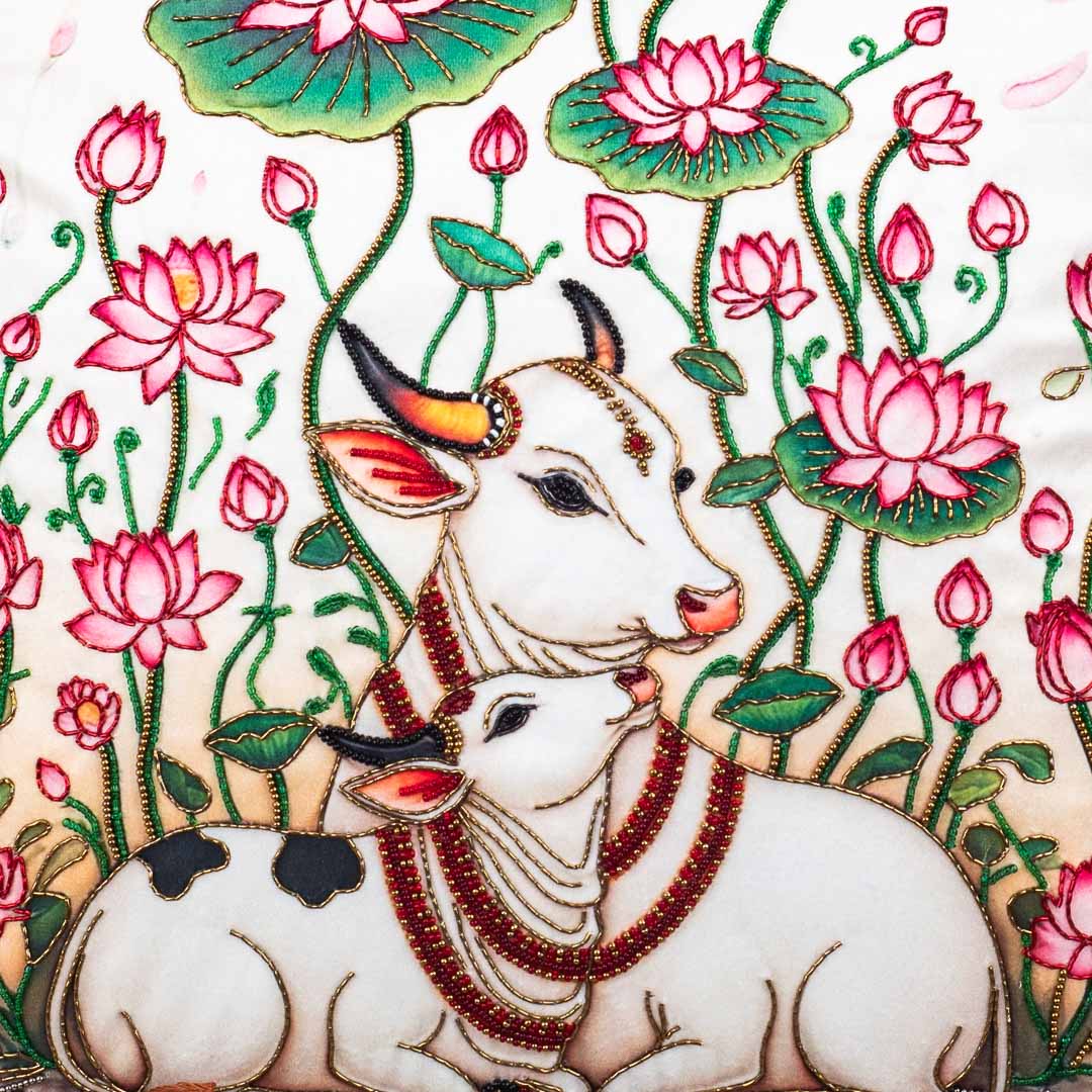 Cow &amp; Lotus Velvet Cushion Cover 16x16" - Blue