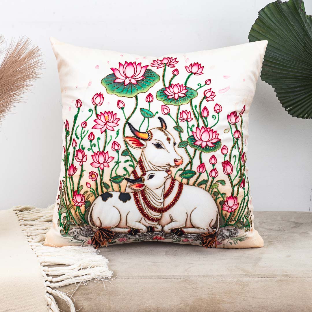 Cow &amp; Lotus Velvet Cushion Cover 16x16" - Blue