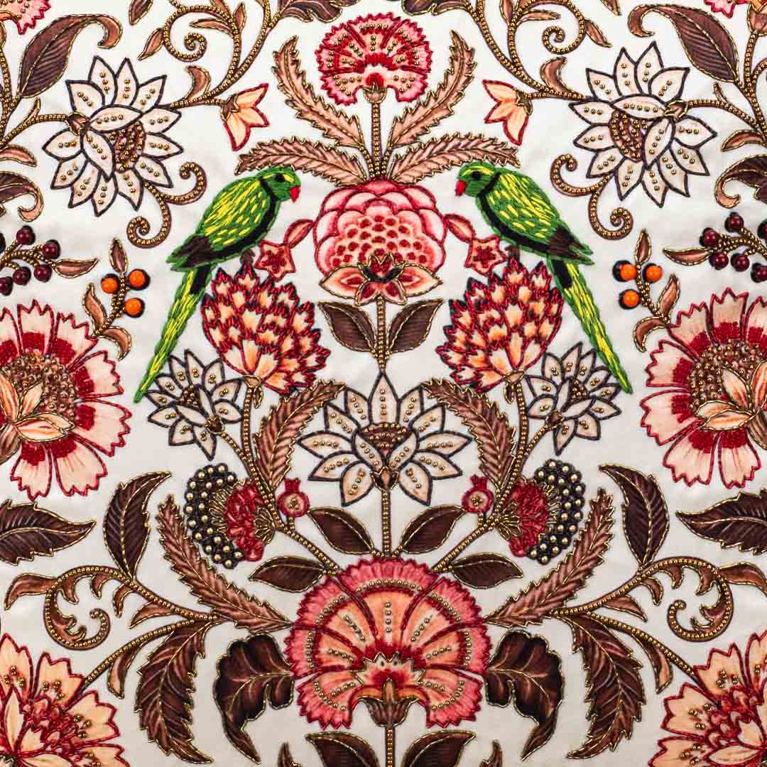 Botanical Bird Embroidered Cushion Cover – Luxury Home Décor