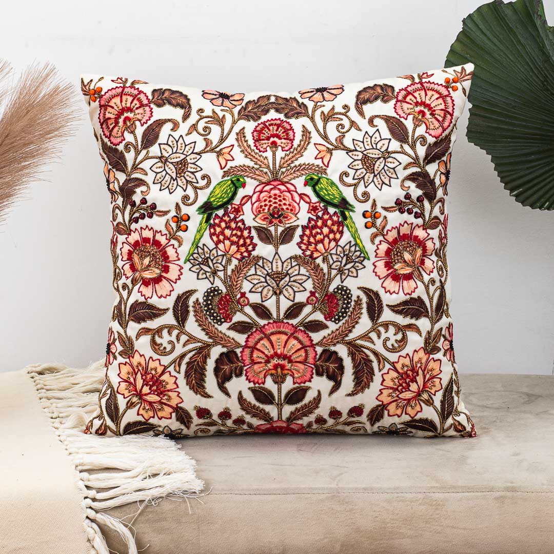 Botanical Bird Embroidered Cushion Cover – Luxury Home Décor
