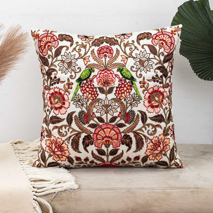 Botanical Bird Embroidered Cushion Cover – Luxury Home Décor