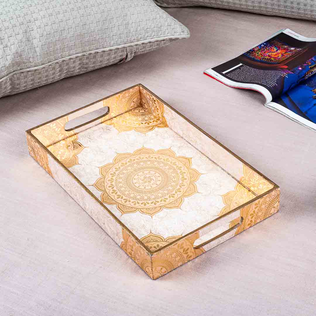 Premium White-Beige Rectangle Design Mdf Tray