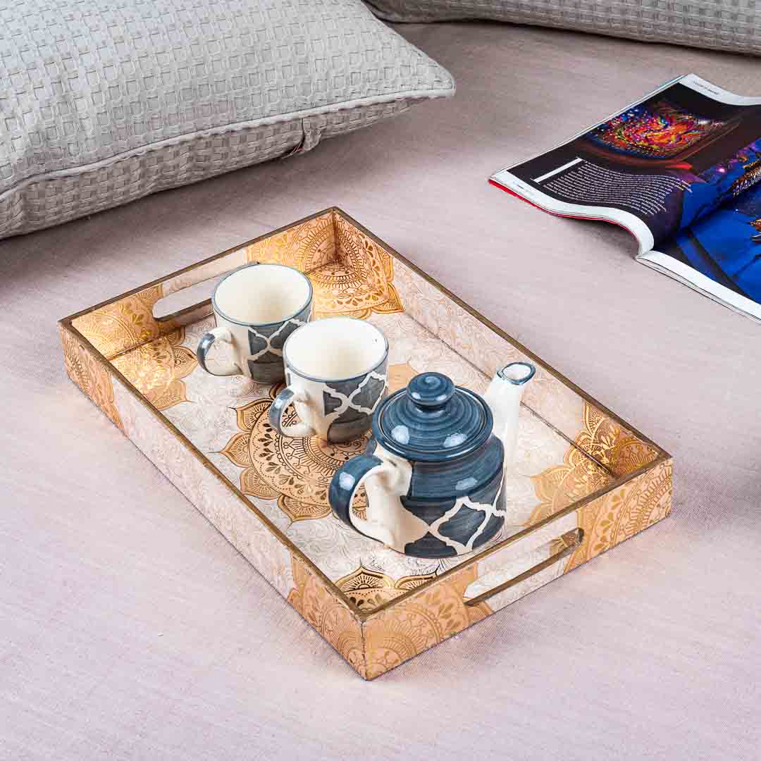 Premium White-Beige Rectangle Design Mdf Tray