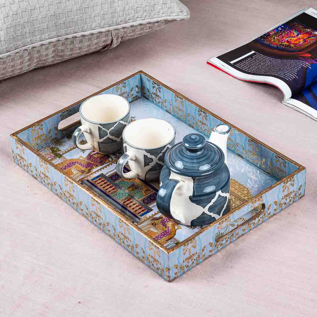 Premium Moghal Rectangle Mdf Tray Design Two 10X16X2 Inch